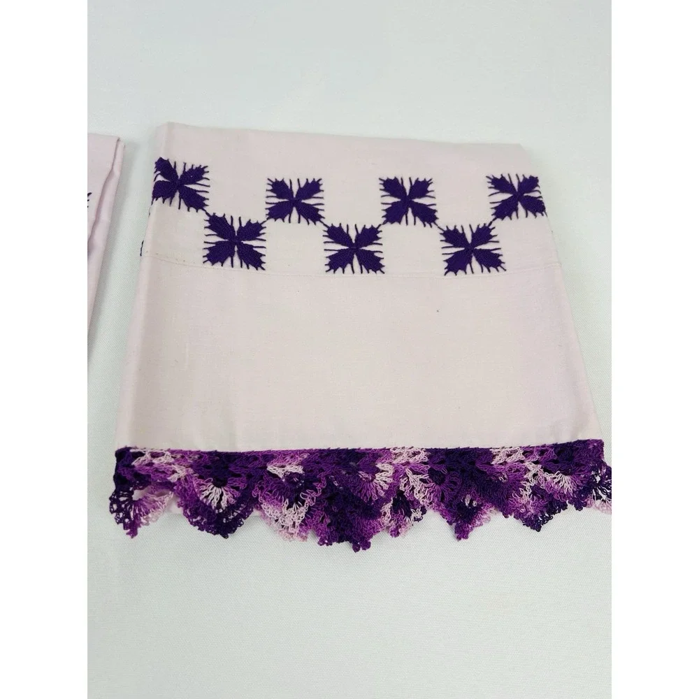 Vintage Cross Stitched Pillowcases Pink w/Purple Stitching 33 x 20